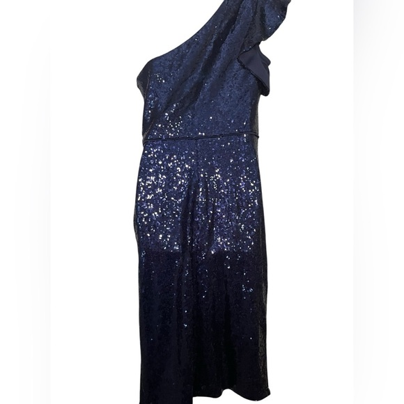 Mac Duggal 49290 New Midnight Navy Sequin One Shoulder Midi Dress Size 10 - Picture 3 of 6